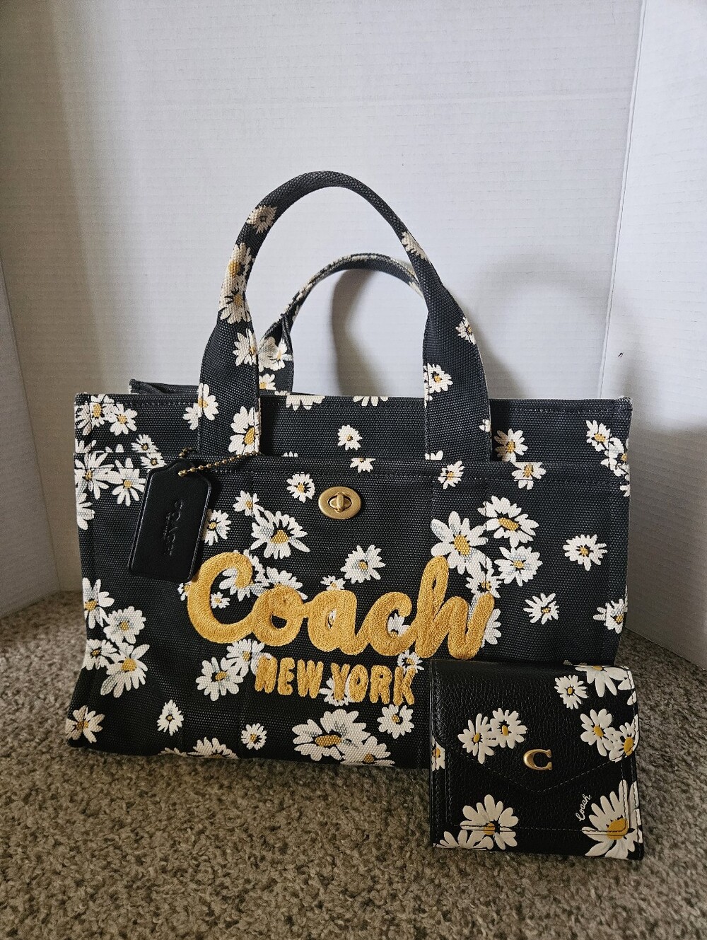 COACH Floral Sunflower Embroidered Canvas Tote in Black/White